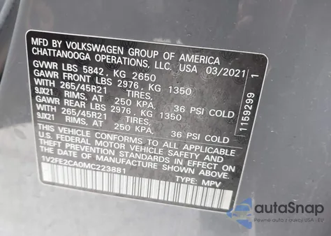 2021 Volkswagen Atlas Cross Sport 3.6L V6 Sel Premium R-Line из США, поврежденный, VIN 1V2FE2CA0MC223881